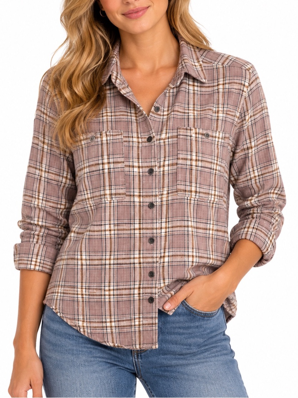 PacSun Plaid Flannel Button Front Shirt Women’s XS/S Pink Taupe 100% Cotton